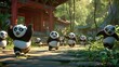 Playful pandas marching joyfully down the street, creating a lively and cheerful scene.