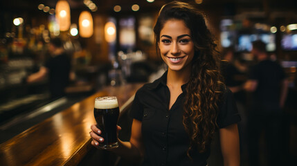 Barman hands pouring a lager beer in a glass.