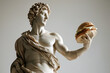 Ancient Greek god sculpture holding a burger. Fit man marble statue offers a cheeseburger. Fast food, overeating, bad diet, unhealthy eating habits concept, copy space. Restaurant menu mockup