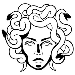 Wall Mural - Antique head gorgon medusa. Serpent mythical creature with snakes instead of hair eerie look that turns everything into vector stone.