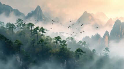 Wall Mural - Wallpaper of a jungle and mountain landscape in waterpainting and retro style.