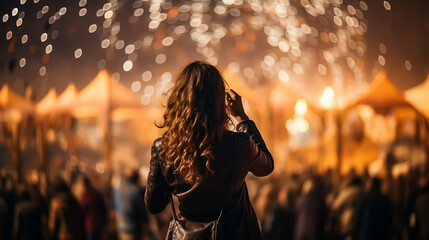 Wall Mural - A young girl is with a smartphone at a music festival, texting with her friends.