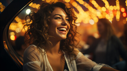 Wall Mural - A young woman is dancing at a concert having a good time at an open air venue in the night.