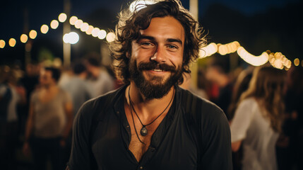 Wall Mural - A young adult man is dancing at a music festival on a beautiful summer night with the stage vibrantly lit behind him.