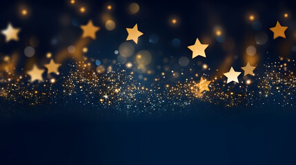 Abstract background with gold stars, particles and sparkling on navy blue. Christmas Golden light shine particles bokeh on navy blue background. 2024 New year background. Gold foil texture.