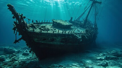 Wall Mural - destroyed old ship under the sea in the depths with sand HD