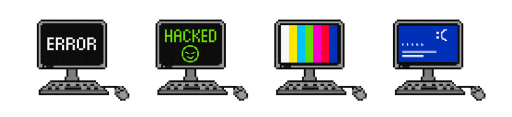 Pixel computers with error set. Displays with the message hacked and warning about failures in program with colored stripes there is no vector signal
