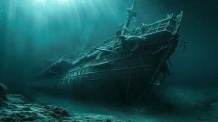 Wall Mural - majestic sunken ship in the depths of the sea with good lighting