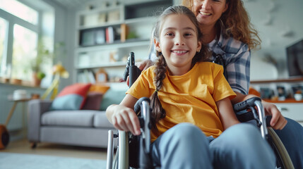 Mother hugging girl with disability in wheelchair at home. 