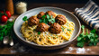 Delicious appetizing meatballs with spaghetti in the kitchen  appetite