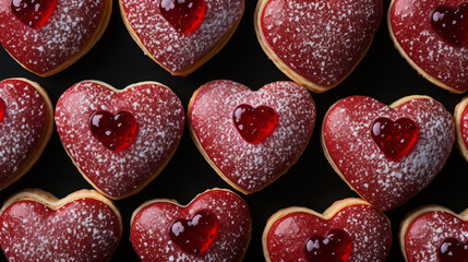 Wall Mural - Heart shaped cookies decorated for Valentine's Day. Free space for text. Two heart shaped cookies with jam on a black wooden table. Like postcard