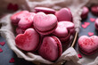 Delicate Romance: Pink Macarons and Rose Petals. Valentine's Day sweets. Pink macaroons heart shaped