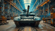 A formidable tank stands ready within the vast confines of an industrial warehouse
