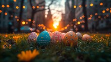 Colorful Easter Eggs Hidden In Grass At Sunset In Urban Park