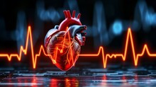 Digital Human Heart Representation With Ekg Pulse Wave On Dark Background