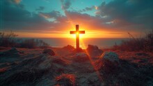 Serene Sunset At Coastal Landscape With Christian Cross
