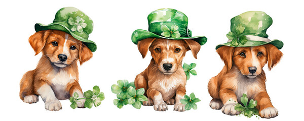 Cute cartoon animals in green costumes for St. Patrick's Day. St. Patrick's Day decor. Clipart on a transparent background