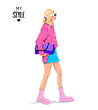 Stylish woman holding bag. Full length woman. Fashion girl. Stylish outfit. Vector illustration 