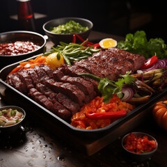 Wall Mural - Grilled steak - Grilled meat ribs on the plate with hot sauce. meat steak beef bbq cooked food