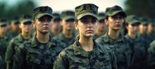Group Of Women In Military Digital Camouflage Uniforms Standing At Army Ceremony Or Presentation. Generative AI