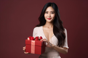 happy handsome asian woman holds red and pink gift box, valentine's day, burgundy background