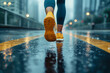 Active runner in yellow sneakers on a rainy urban street, embodying fitness perseverance and healthy lifestyle despite weather challenges