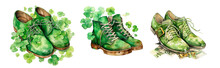 Magic Leprechaun Shoes With Money. St. Patrick's Day Decor. Clipart On A Transparent Background