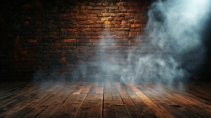 Wall Mural - old brick walls of an empty room, smoke, neon light.