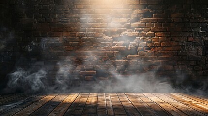 Wall Mural - old brick walls of an empty room, smoke, neon light.