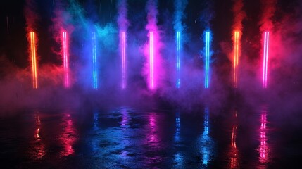 Wall Mural - Neon abstract scene background with smoke, concrete, reflection.