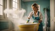 woman in apron and rubber gloves cleaning