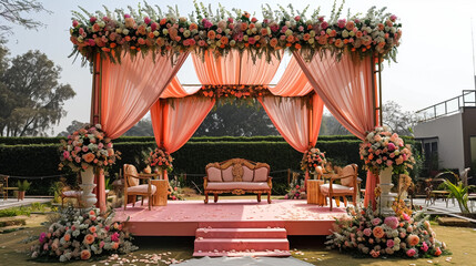 Poster - Luxury Wedding Arch with floral decorations in the form of big vases and bouquets, tall white backdrop and tall flowers post