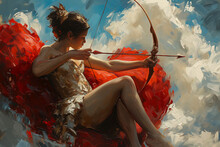 Cupid Shooting A Bow And Arrow While Sitting On Red Heart Shaped Cloud. Generative AI
