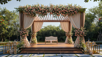 Poster - Luxury Wedding Arch with floral decorations in the form of big vases and bouquets, tall white backdrop and tall flowers post