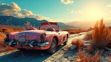 Pink Classic American Car With Grand Canyon Background, Wallpaper