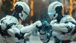 Two robots are fighting on blur background. Fighting robots AI