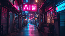 Cyberpunk City Street At Night, Neon Store Signs Of AI And Robot, Dark Grungy Alley With Buildings In Low Light. Concept Of Dystopia, Shop, Anime, Industry And Future