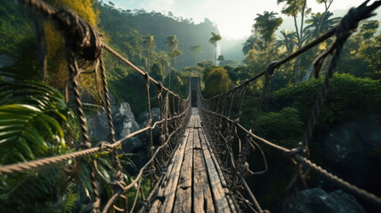 Wall Mural - Old suspension wood bridge over tropical river, vintage wooden footbridge in jungle. Scene like in adventure movie. Concept of travel, journey, lost world, mountain, nature