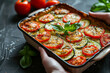 Zucchini and tomatoes gratin with bechamel sauce and cheese. Generative AI