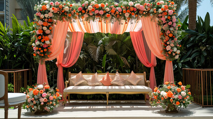 Poster - Wedding Ceremony Stage Decoration Background with Sofa and Flowers in Indian Pakistani Traditional Luxury Elegant Style