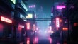 A retrofuturistic city street with neon lights and rain