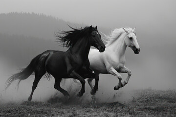 Wall Mural - White and black horse run gallop