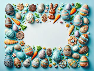 Wall Mural - Easter frame from sweet chocolate treats for Easter on light blue background