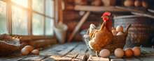 Chicken Standing In Front Of Eggs On An Old Wood Floor In The Style Of Golden Light, Some Eggs Is In A Basket In Farm Cabincore, Farm Administration Aesthetics Concept
