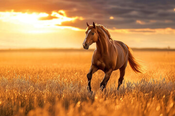 Wall Mural - Brown horse running gallop in wheat field, sunset sky, glowing horizon, picture for chinese year of horse