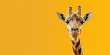 Fototapeta  - A happy giraffe offers copy space on the side against a clean, single-color background.Generative AI