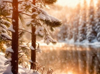 Poster - Wintry landscape, forest covered of snow next to lake