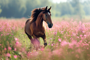 Wall Mural - Peaceful background - brown horse running on green grass meadow with pink flowers