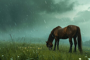 Wall Mural - A horse grazing on a meadow, in the storm