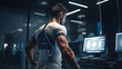 a man in a modern sports science lab, utilizing AI analytics and wearable technology to optimize athlete performance and prevent injuries